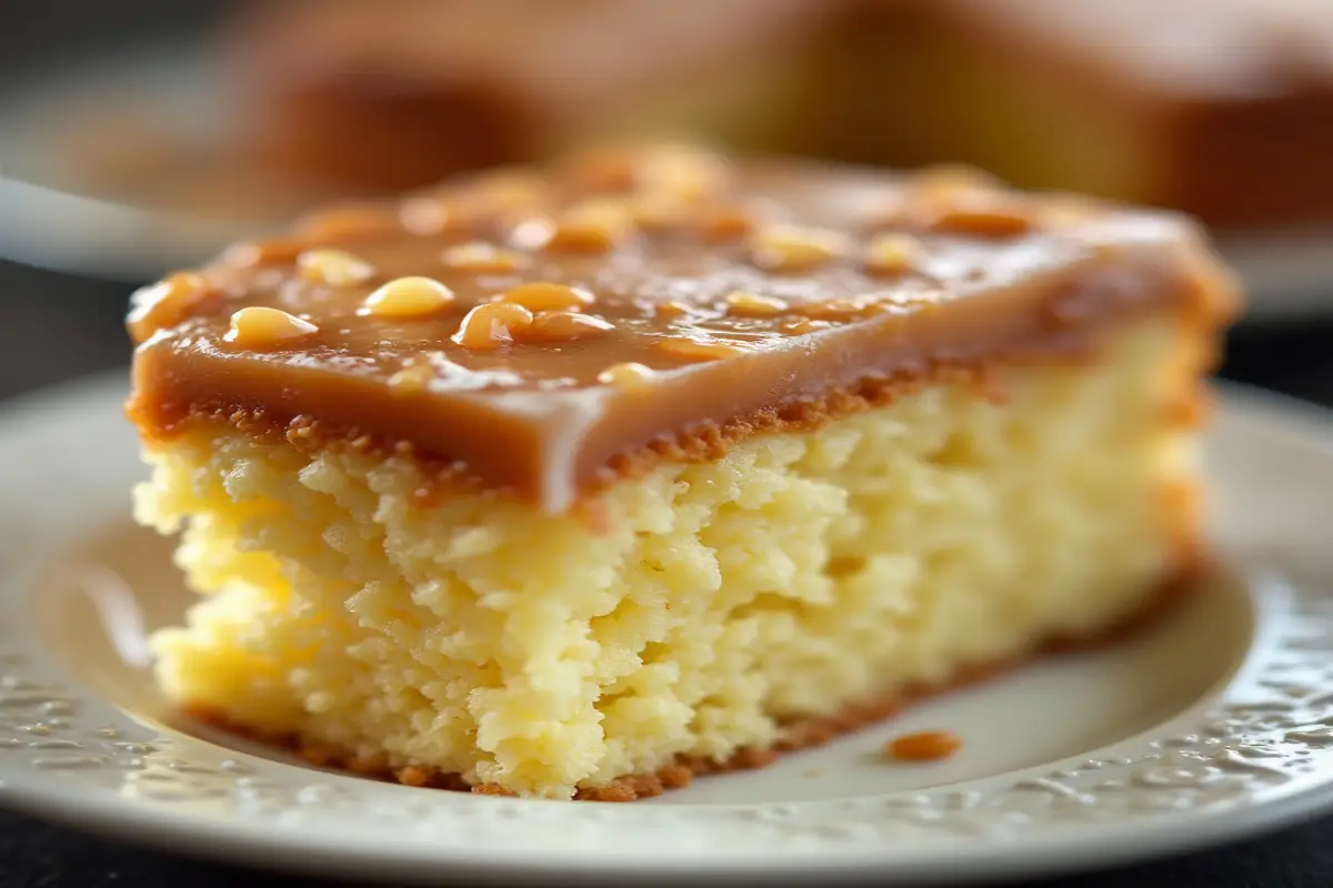 A close-up view of a slice of moist yellow kefir sheet cake topped with a smooth caramel glaze and sprinkled with chopped nuts, served on a white plate.