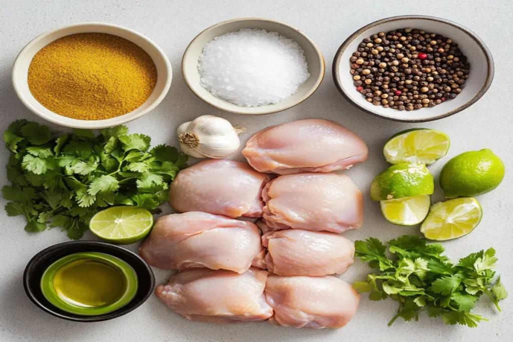 Fresh ingredients for Churu Chicken Amarillo recipe, including raw chicken thighs, lime wedges, garlic, cilantro, black pepper, sea salt, curry powder, and olive oil arranged on a white surface.
