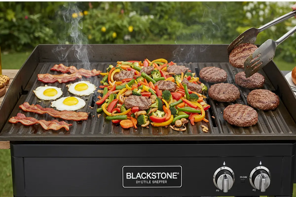 Blackstone recipes: Blackstone outdoor griddle with bacon, eggs, colorful vegetables, and hamburger patties being grilled.