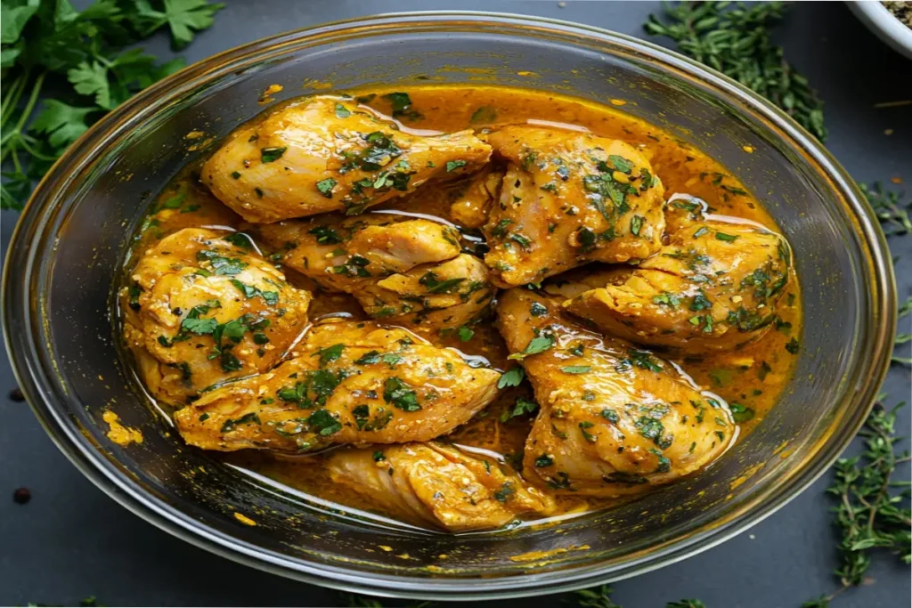 Chicken pieces marinating in a vibrant yellow aji amarillo sauce, mixed with fresh herbs and spices in a clear glass bowl.

