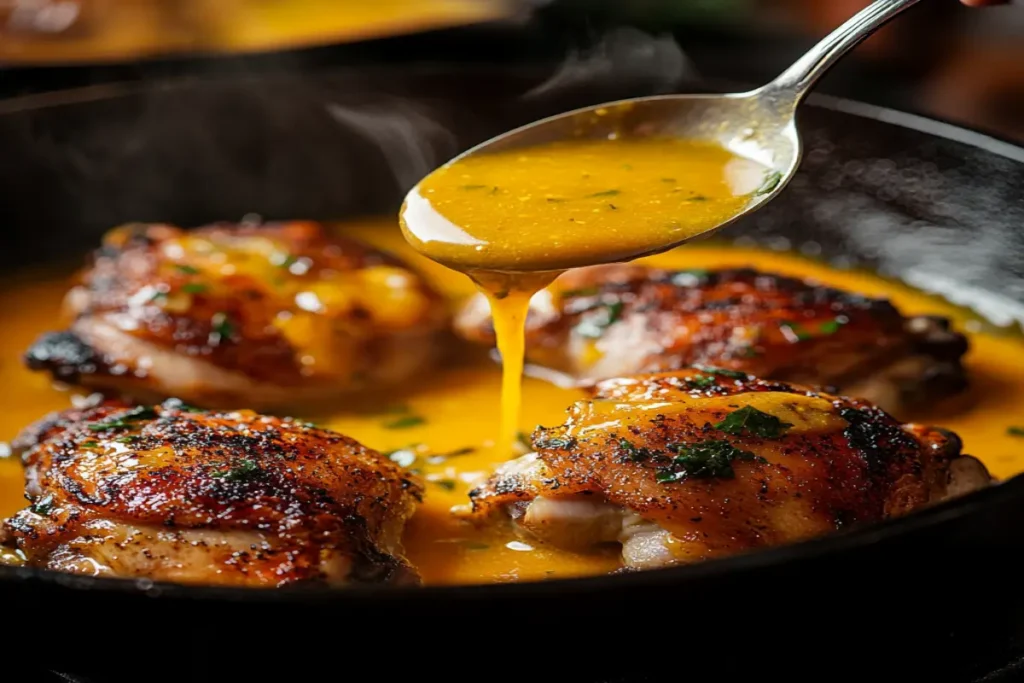 Golden-brown chicken thighs sizzling in a pan, being basted with rich, yellow aji amarillo sauce using a spoon.

