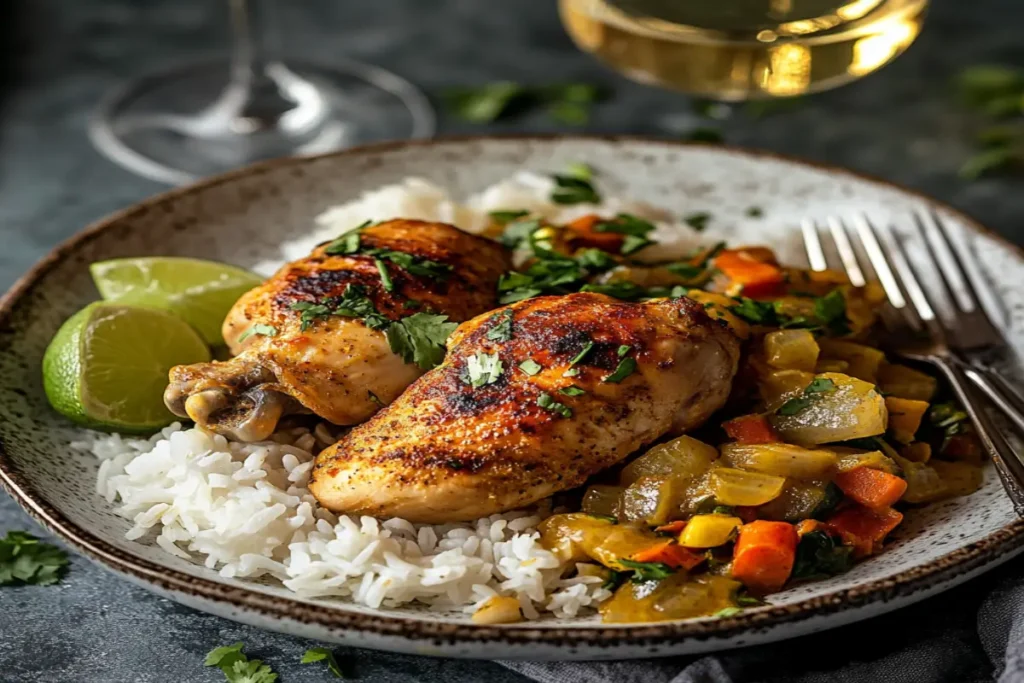 A serving of Churu Chicken Amarillo with two golden-brown chicken pieces on a bed of white rice, accompanied by sautéed mixed vegetables and lime wedges.

