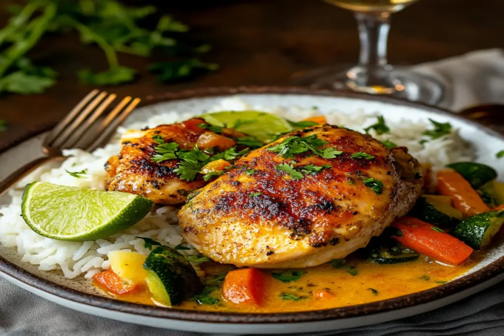 Grilled Churu Chicken Amarillo served over white rice with sautéed vegetables and a wedge of lime, garnished with fresh cilantro.