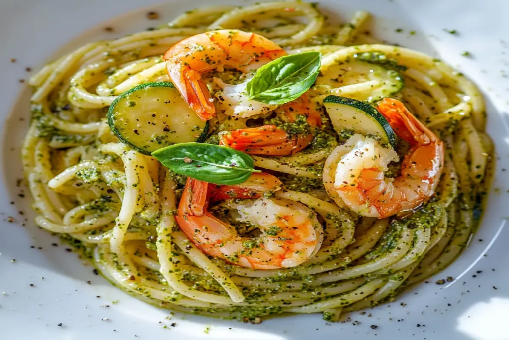 Delicious plate of pesto pasta with shrimp and zucchini, garnished with fresh basil and cracked black pepper.