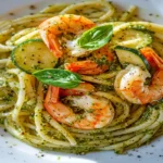 Delicious plate of pesto pasta with shrimp and zucchini, garnished with fresh basil and cracked black pepper.