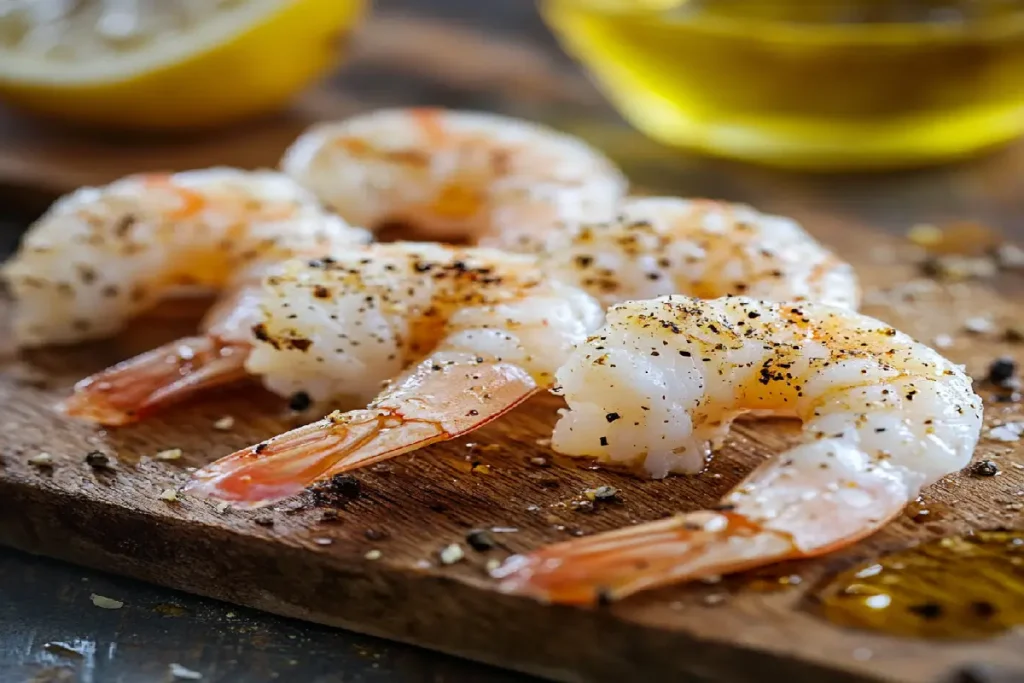 Freshly seasoned raw langostino tails on a wooden cutting board, sprinkled with cracked black pepper and sea salt, with olive oil and lemon in the background.