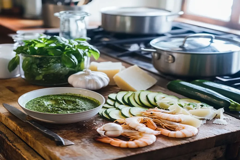 Fresh ingredients for Pesto Langostino Zucchini Pasta on a rustic wooden countertop, including raw langostino tails, sliced zucchini, fresh basil, garlic, parmesan cheese, and a bowl of vibrant green pesto sauce.