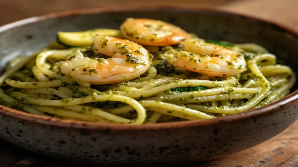 A bowl of  Pesto Langostino Zucchini and Pasta coated in vibrant green pesto sauce, topped with sautéed shrimp and thin zucchini slices.