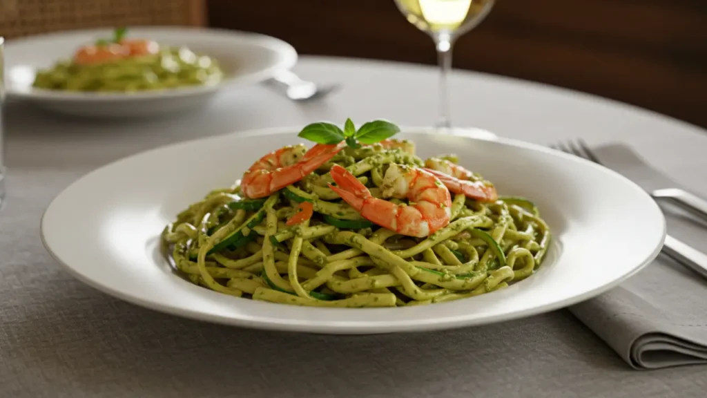 A plate of linguine pasta tossed in rich pesto sauce, topped with succulent langostino and fresh zucchini, elegantly garnished with basil.

