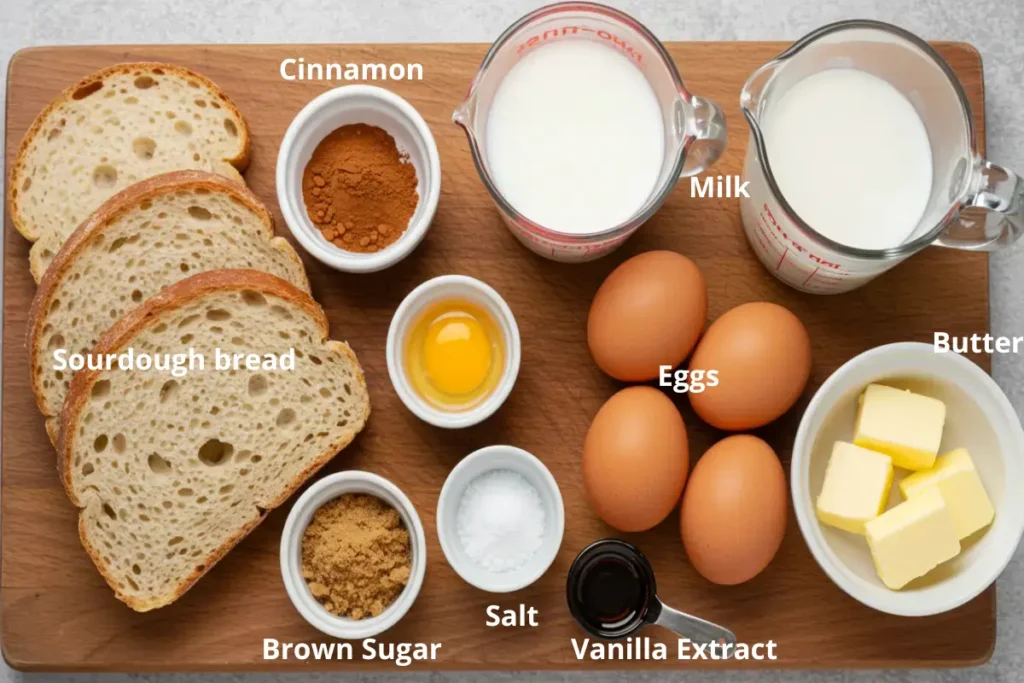  Ingredients for sourdough French toast neatly arranged on a wooden cutting board, including slices of sourdough bread, eggs, milk, cinnamon, brown sugar, vanilla extract, butter, and a pinch of salt.