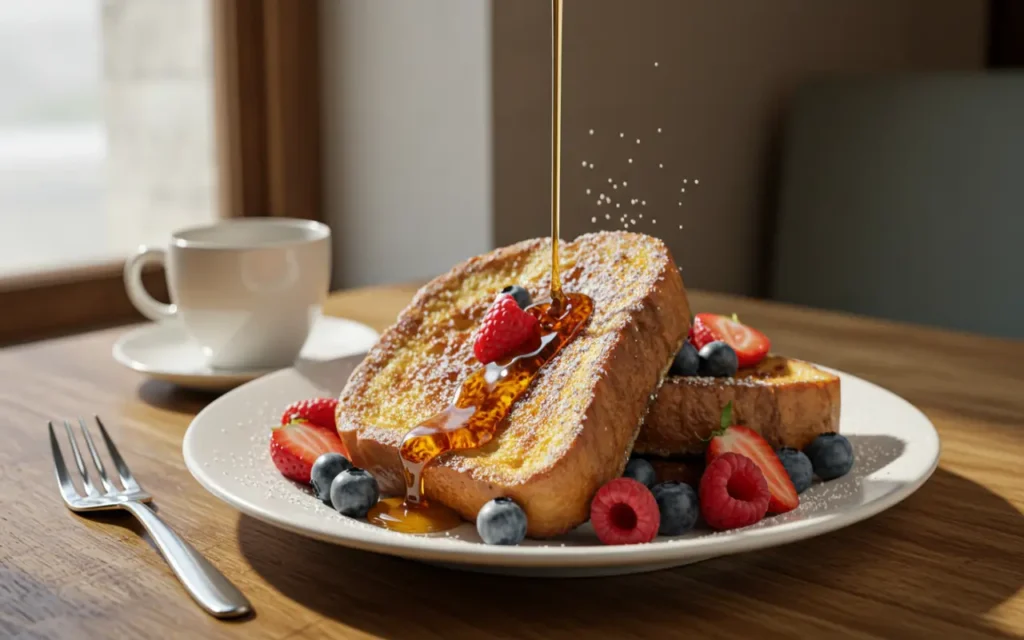 A plate of sourdough French toast topped with fresh raspberries, blueberries, and strawberries, drizzled with maple syrup, served with a cup of coffee on a wooden table.