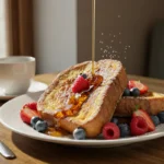 A plate of sourdough French toast topped with fresh raspberries, blueberries, and strawberries, drizzled with maple syrup, served with a cup of coffee on a wooden table.